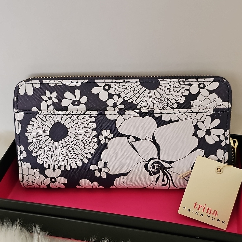Trina Turk Blue and White Floral Full Zip Around Wallet
